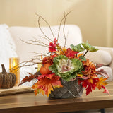 Elements of Fall - Green Cabbage Blossom, Mixed Orange Pumpkin, Brown Hydrangea Oak & Maple Leaf Large Centerpiece Arrangement