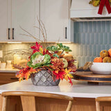 Elements of Fall - Green Cabbage Blossom, Mixed Orange Pumpkin, Brown Hydrangea Oak & Maple Leaf Large Centerpiece Arrangement