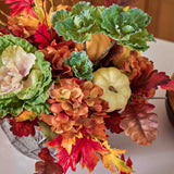 Elements of Fall - Green Cabbage Blossom, Mixed Orange Pumpkin, Brown Hydrangea Oak & Maple Leaf Large Centerpiece Arrangement