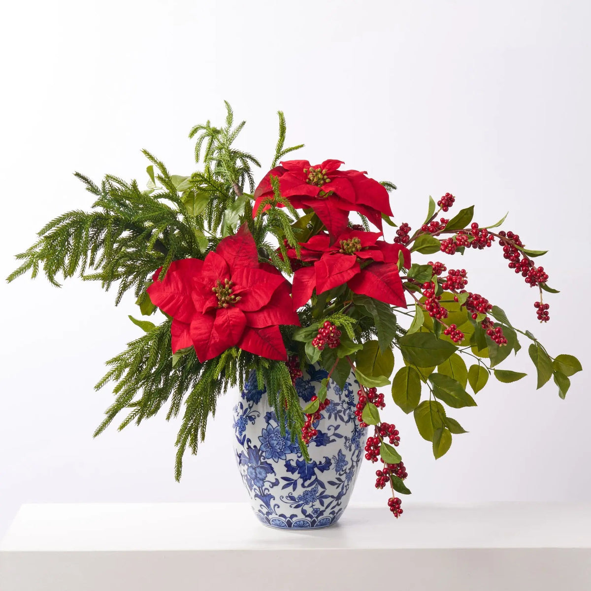 Holiday Majesty - Real Touch Norfolk, Red Poinsettia & Winterberry Large Christmas Centerpiece Arrangement