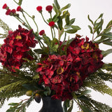 Tuscan Christmas - Deep Red Hydrangea & Thistle, Real Touch Cedar & Amalfi Olive Holiday Faux  Floral Centerpiece Arrangement