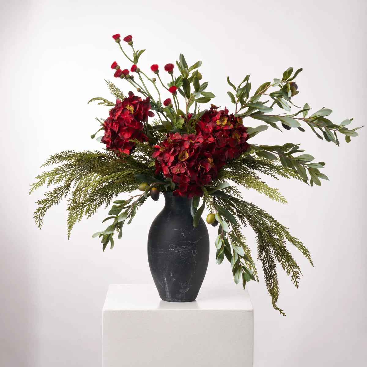 Tuscan Christmas - Deep Red Hydrangea & Thistle, Real Touch Cedar & Amalfi Olive Holiday Faux  Floral Centerpiece Arrangement