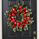 Winter Candy Apple - Red Apple, Holly Berry & Magnolia Leaf Front Door Christmas Wreath