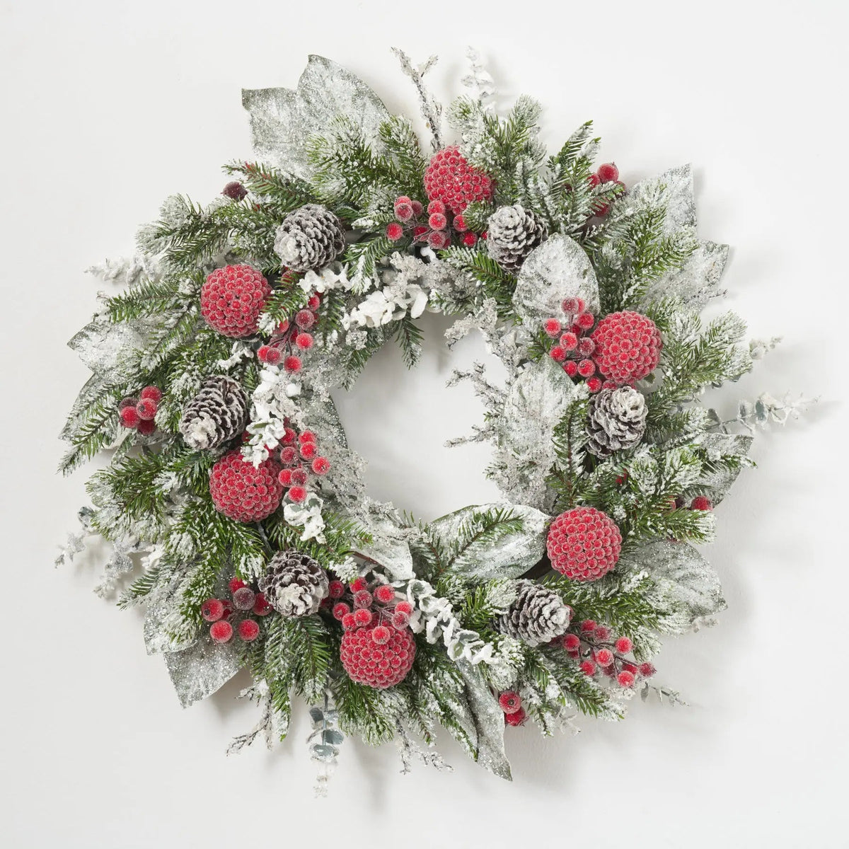 Holiday Frost - Snow Covered Magnolia, Eucalyptus, & Berry Pine Cone Winter Holiday Front Door Christmas Wreath