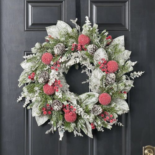 Holiday Frost - Snow Covered Magnolia, Eucalyptus, & Berry Pine Cone Winter Holiday Front Door Christmas Wreath
