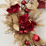 Wine Magnolia & Gold Cedar Front Door Woven Wicker Willow Holiday Christmas Asymmetrical Wreath with Velvet Ribbon