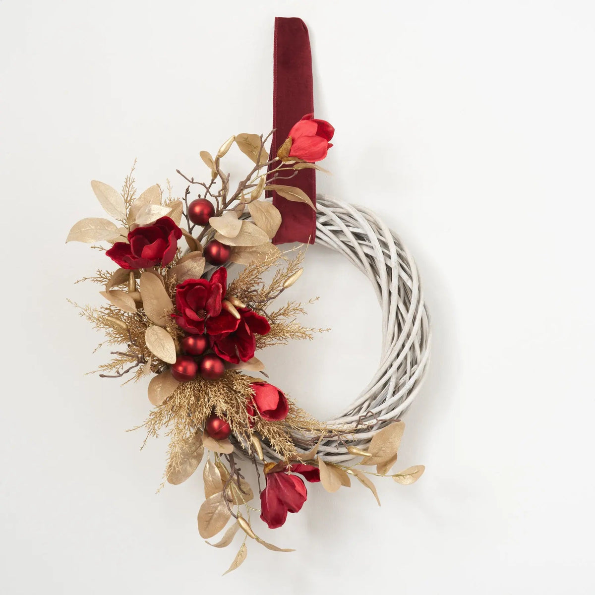 Wine Magnolia & Gold Cedar Front Door Woven Wicker Willow Holiday Christmas Asymmetrical Wreath with Velvet Ribbon
