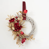 Wine Magnolia & Gold Cedar Front Door Woven Wicker Willow Holiday Christmas Asymmetrical Wreath with Velvet Ribbon