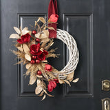 Wine Magnolia & Gold Cedar Front Door Woven Wicker Willow Holiday Christmas Asymmetrical Wreath with Velvet Ribbon