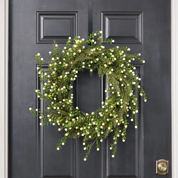 Cream White Berry & Boxwood Cedar Greenery Winter Berry Holiday Front Door Wreath