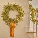 Sage Green Gold Large Brushed Bay Leaf Fall Christmas Holiday Front Door Wreath with Golden Mustard Raw Edge Silk Velvet Lux Drape Loop Bow