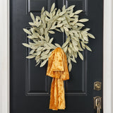 Sage Green Gold Large Brushed Bay Leaf Fall Christmas Holiday Front Door Wreath with Golden Mustard Raw Edge Silk Velvet Lux Drape Loop Bow