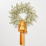 Sage Green Gold Large Brushed Bay Leaf Fall Christmas Holiday Front Door Wreath with Golden Mustard Raw Edge Silk Velvet Lux Drape Loop Bow