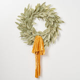 Sage Green Gold Large Brushed Bay Leaf Fall Christmas Holiday Front Door Wreath with Golden Mustard Raw Edge Silk Velvet Lux Drape Loop Bow