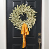 Sage Green Gold Large Brushed Bay Leaf Fall Christmas Holiday Front Door Wreath with Golden Mustard Raw Edge Silk Velvet Lux Drape Loop Bow