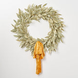 Sage Green Gold Large Brushed Bay Leaf Fall Christmas Holiday Front Door Wreath with Golden Mustard Raw Edge Silk Velvet Lux Drape Loop Bow