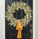 Sage Green Gold Large Brushed Bay Leaf Fall Christmas Holiday Front Door Wreath with Golden Mustard Raw Edge Silk Velvet Lux Drape Loop Bow