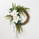 Lifelike White Poinsettia, Real Touch Cedar, Boxwood & Cream Snowberry with White Velvet Ribbon Christmas Holiday Asymmetrical Wreath
