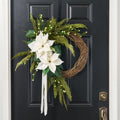 Lifelike White Poinsettia, Real Touch Cedar, Boxwood & Cream Snowberry with White Velvet Ribbon Christmas Holiday Asymmetrical Wreath