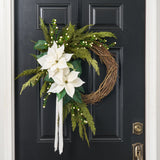 Lifelike White Poinsettia, Real Touch Cedar, Boxwood & Cream Snowberry with White Velvet Ribbon Christmas Holiday Asymmetrical Wreath