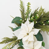 Lifelike White Poinsettia, Real Touch Cedar, Boxwood & Cream Snowberry with White Velvet Ribbon Christmas Holiday Asymmetrical Wreath