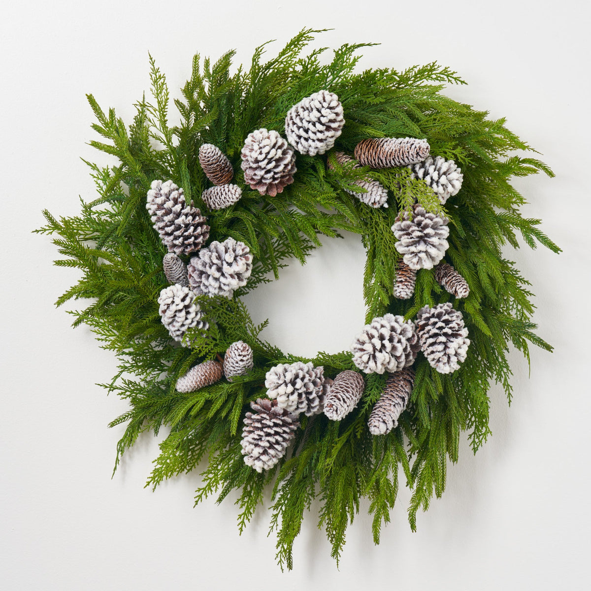 Deluxe Cypress & Norfolk Winter Greenery with Snowy Pinecones Faux Christmas Front Door Holiday Wreath