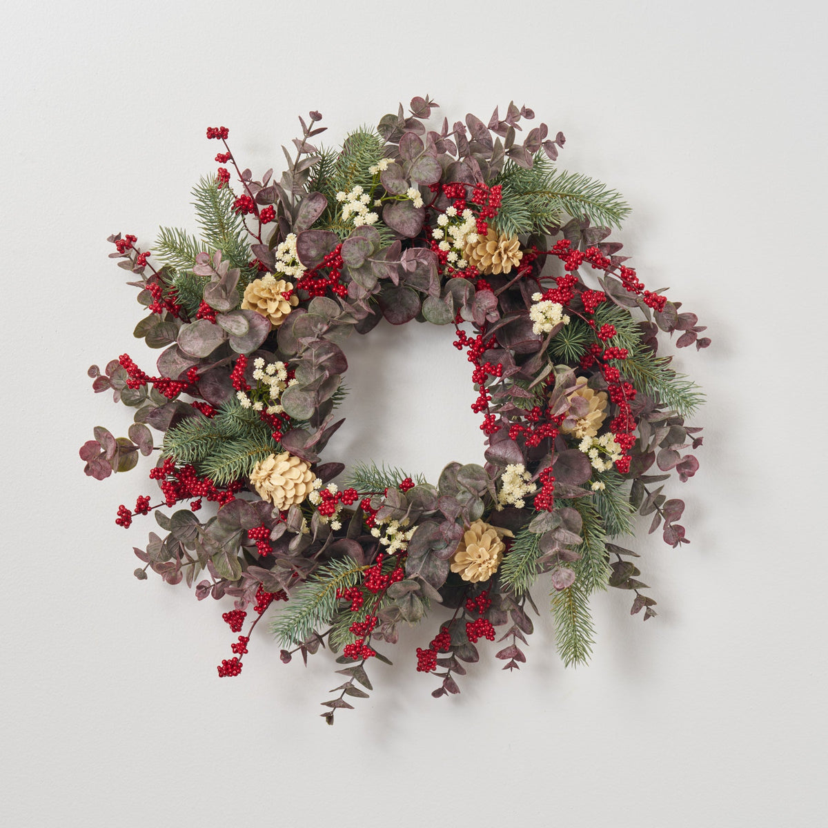 Whimsical Winter - Frosted Merlot Eucalyptus, Sage Green Pine, Red Winterberry & Bleached Pinecone & Gypsophila Holiday Christmas Front Door Wreath
