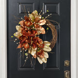 Midas Magnolia - Bronze & Gold Sparkle Mixed Leaf, Velvet Helleborus & Magnolia Bloom with Pussy Willow Branch Holiday Christmas Front Door Wreath