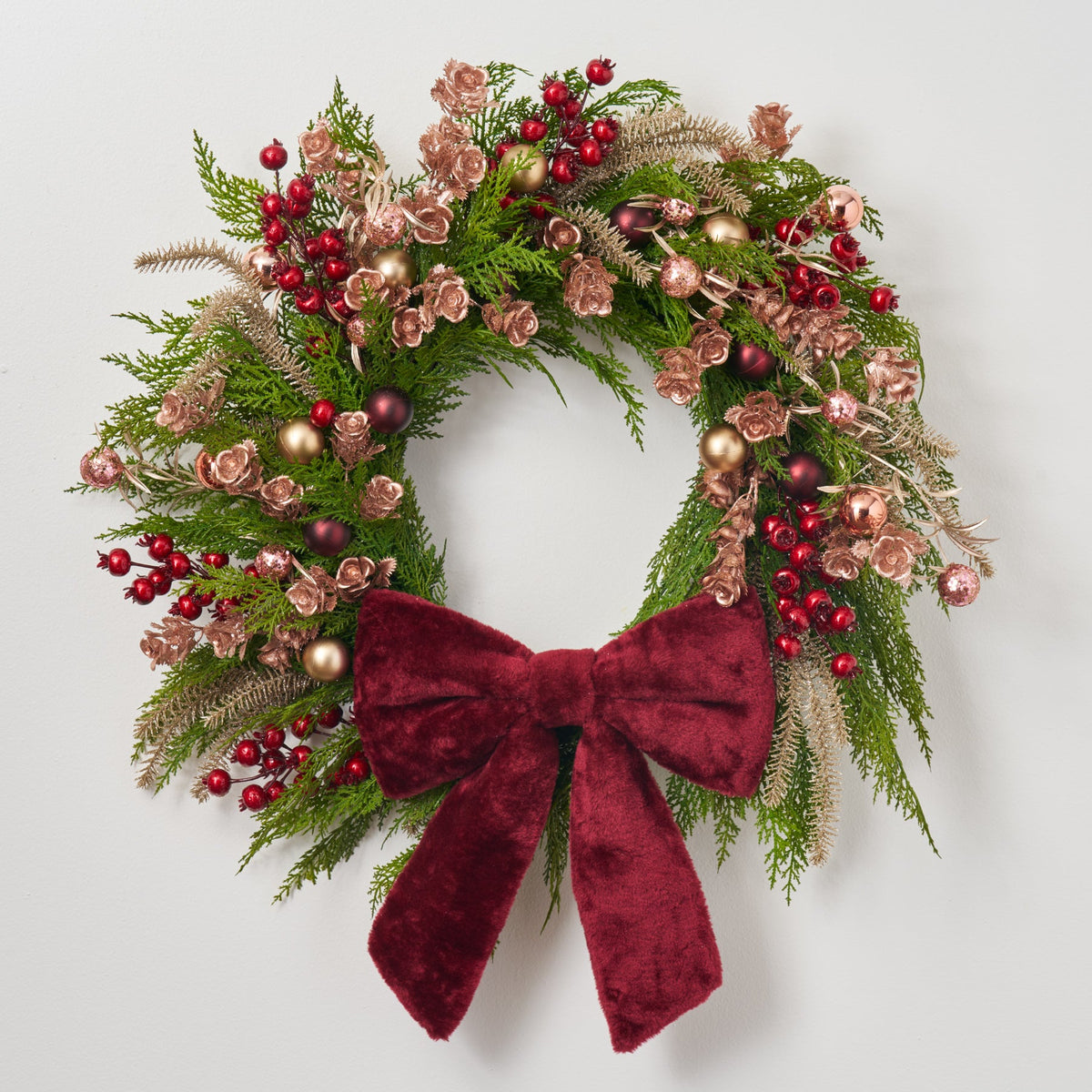 Plush & Blush - Pink Metallic Mini Rose, Burgundy Berry & Ornament Ball, Champagne Pine with Plush Burgundy Bow Holiday Christmas Front Door Wreath