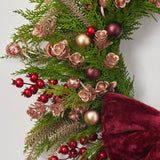 Plush & Blush - Pink Metallic Mini Rose, Burgundy Berry & Ornament Ball, Champagne Pine with Plush Burgundy Bow Holiday Christmas Front Door Wreath