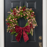 Plush & Blush - Pink Metallic Mini Rose, Burgundy Berry & Ornament Ball, Champagne Pine with Plush Burgundy Bow Holiday Christmas Front Door Wreath