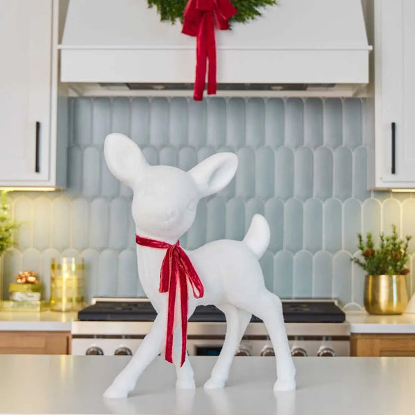 Winter White Bristled Moss Retro Kitch Deer Large Figurine Statue Holiday Christmas Decor