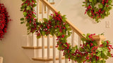 Real Touch Salal Leaf & Red Mixed Crabapple Berry Outdoor UV Treated Holiday Christmas Garland Table Runner
