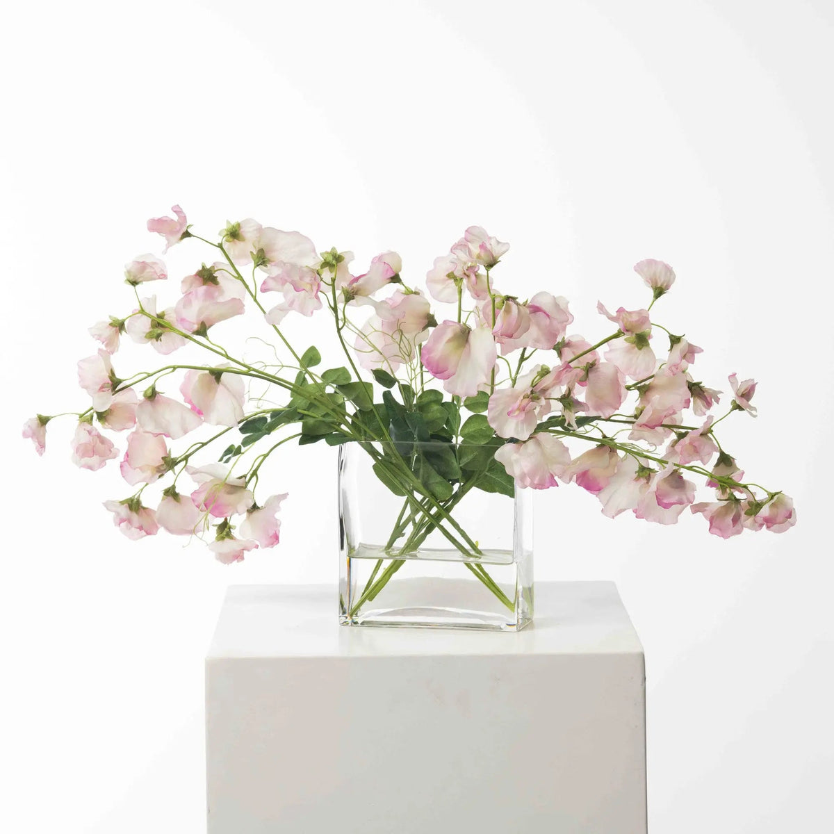 Lifelike Sweet Pea Vines Water Illusion Arrangement in Modern Glass Rectangle Vase