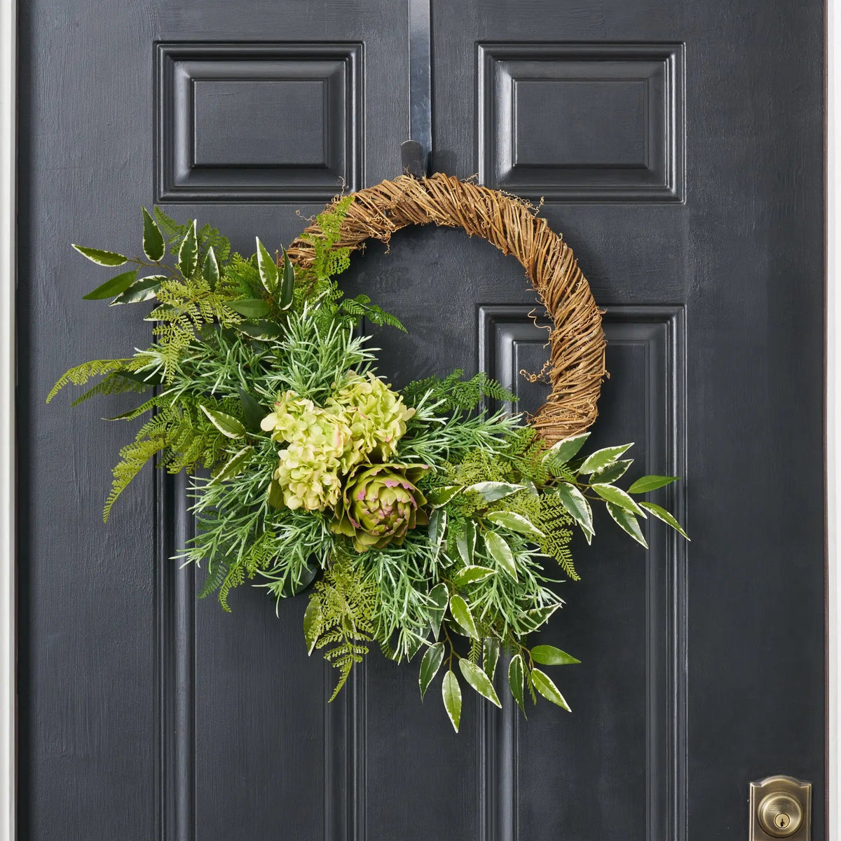 Garden Bounty - Green Artichoke, Rosemary & Mixed Fern Greenery Asymmetrical Everyday Front Door Wreath