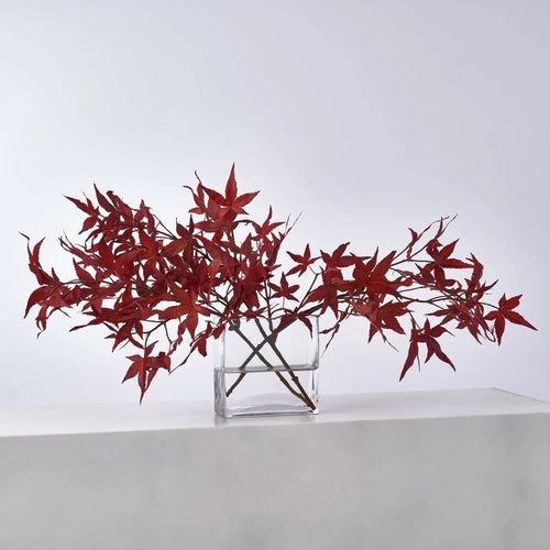 Lifelike Red Japanese Maple Branches in Modern Flat Rectangle Vase Fall Everyday Water Illusion Arrangement
