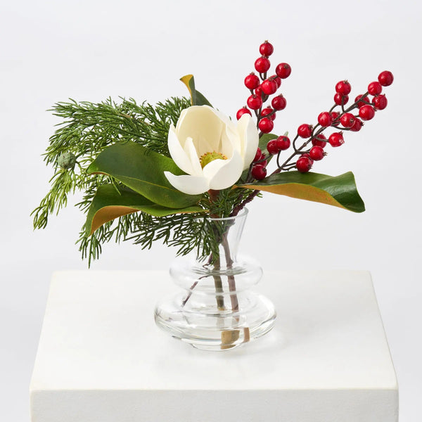 Real Touch White Magnolia Bloom, Cedar Greenery & Red Currant Berry in Vintage Layered Vase
