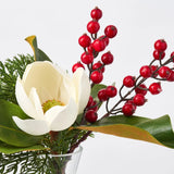 Real Touch White Magnolia Bloom, Cedar Greenery & Red Currant Berry in Vintage Layered Vase