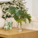 Real Touch Silver Dollar Eucalyptus & Lifelike Cedar in Gold Rim Bottle Vase Winter Water Illusion Arrangement