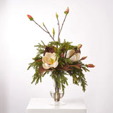 Magnolia Woodlands - Fall Brown Real Touch Magnolia Blooms with Pine & Mini Cone Branches in Fluted Urn Water Illusion Centerpiece Arrangement