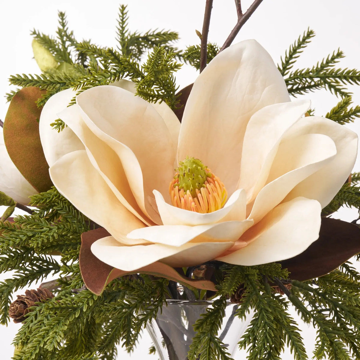 Magnolia Woodlands - Fall Brown Real Touch Magnolia Blooms with Pine & Mini Cone Branches in Fluted Urn Water Illusion Centerpiece Arrangement