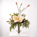 Magnolia Woodlands - Fall Brown Real Touch Magnolia Blooms with Pine & Mini Cone Branches in Fluted Urn Water Illusion Centerpiece Arrangement