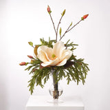 Magnolia Woodlands - Fall Brown Real Touch Magnolia Blooms with Pine & Mini Cone Branches in Fluted Urn Water Illusion Centerpiece Arrangement