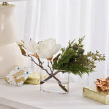 White Magnolia Bloom & Bud with Real Touch Cedar & Pod in Small Modern Oval Vase