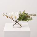 White Magnolia Bloom & Bud with Real Touch Cedar & Pod in Small Modern Oval Vase