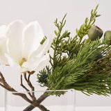 White Magnolia Bloom & Bud with Real Touch Cedar & Pod in Small Modern Oval Vase