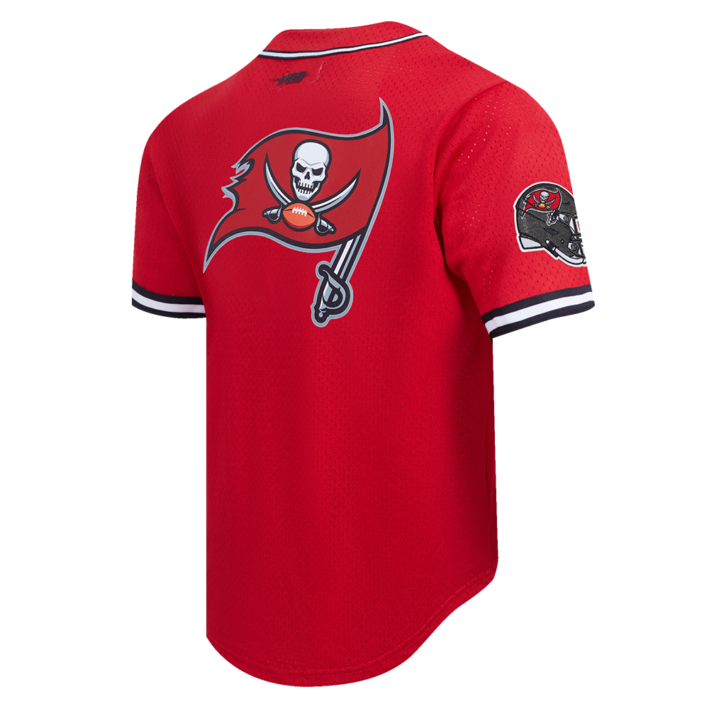 NFL TAMPA BAY BUCCANEERS SCRIPT TAIL MEN'S MESH BUTTON DOWN SHIRT (RED/BLACK)