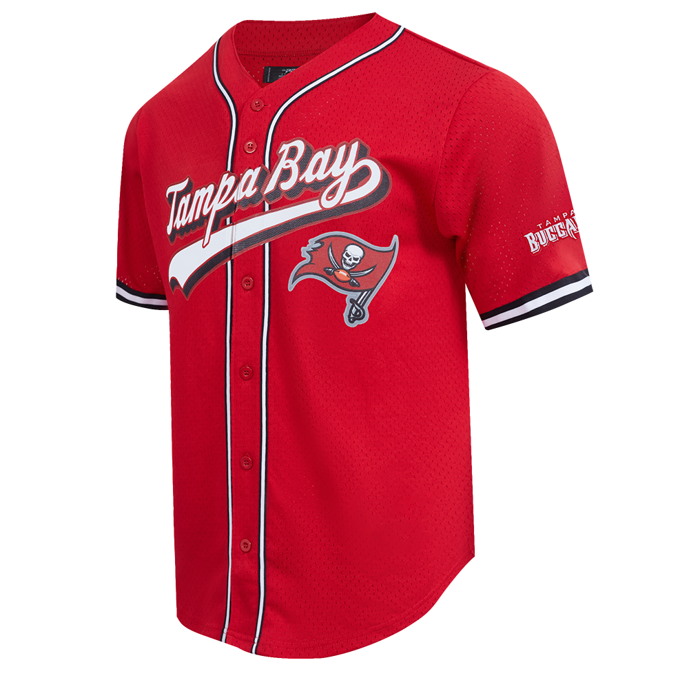 NFL TAMPA BAY BUCCANEERS SCRIPT TAIL MEN'S MESH BUTTON DOWN SHIRT (RED/BLACK)