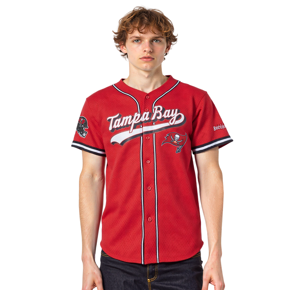 NFL TAMPA BAY BUCCANEERS SCRIPT TAIL MEN'S MESH BUTTON DOWN SHIRT (RED/BLACK)