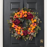 The Pumpkin Patch - Wine Hydrangea, Orange Daisies & Pumpkins with Autumn Greenery Fall Front Door Fall Wreath